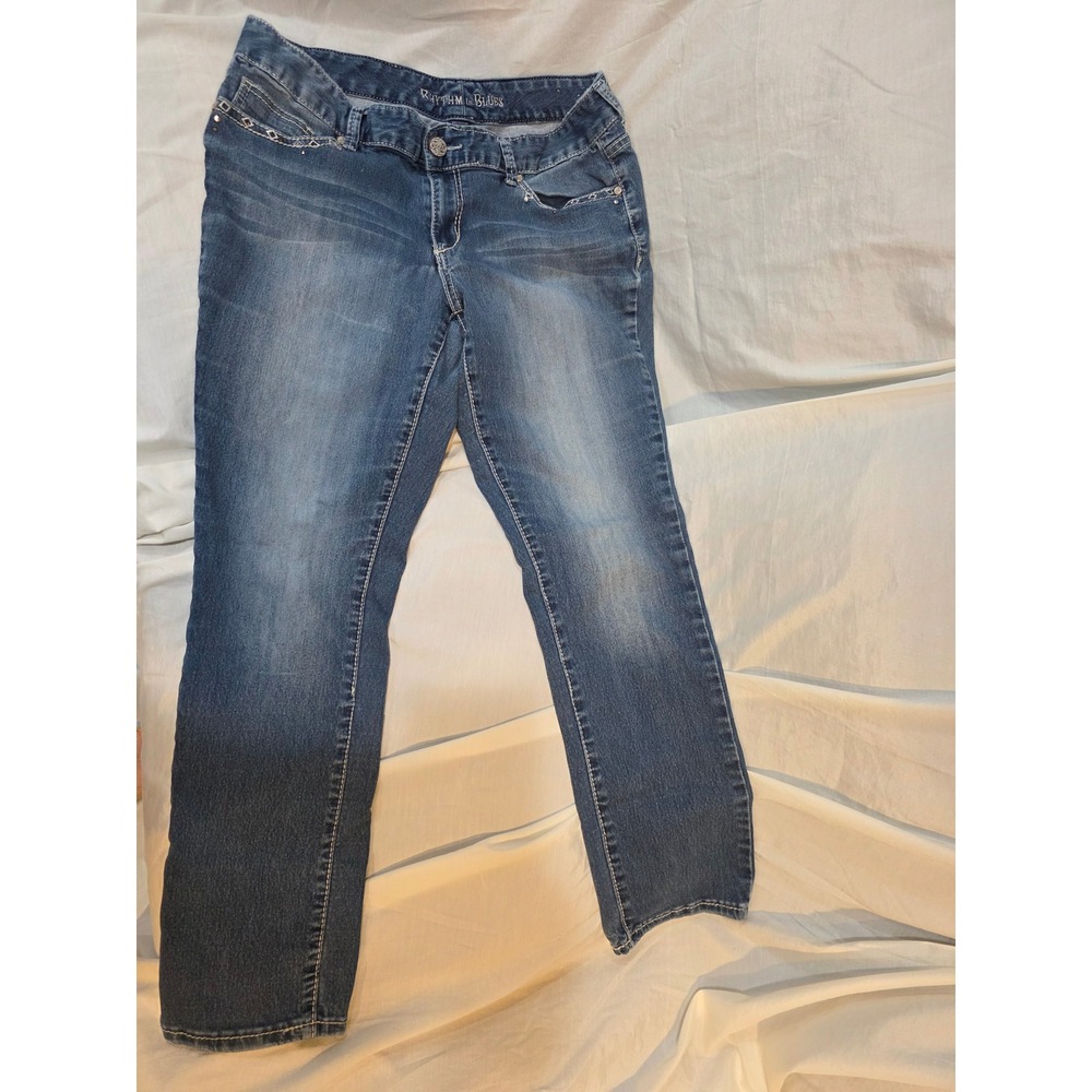 Rhythm in Blues Jeans Medium Wash Embroidered Studded Straight Leg Sz 14 Regular